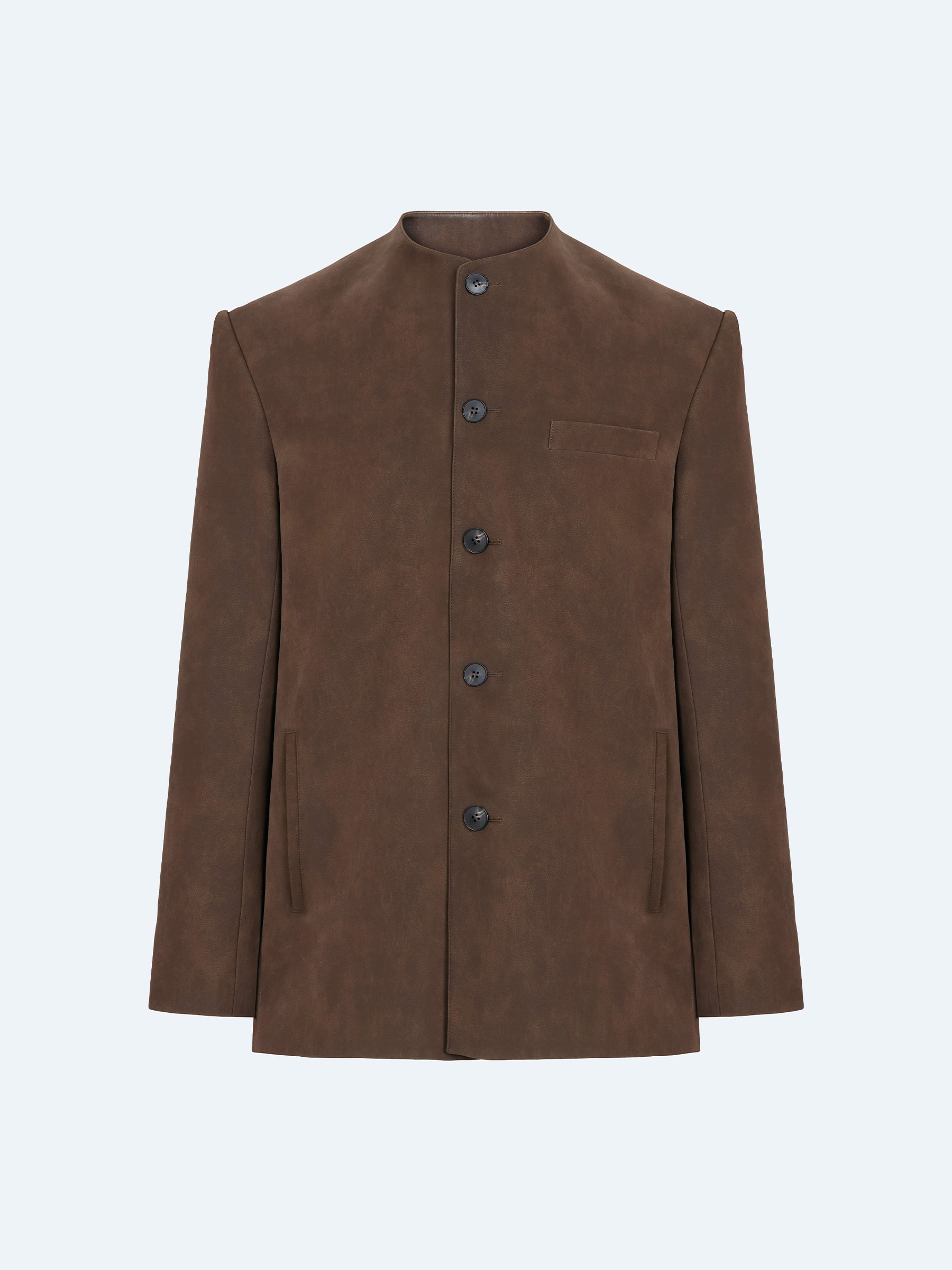 BROWN SUEDE COLLARLESS BLAZER