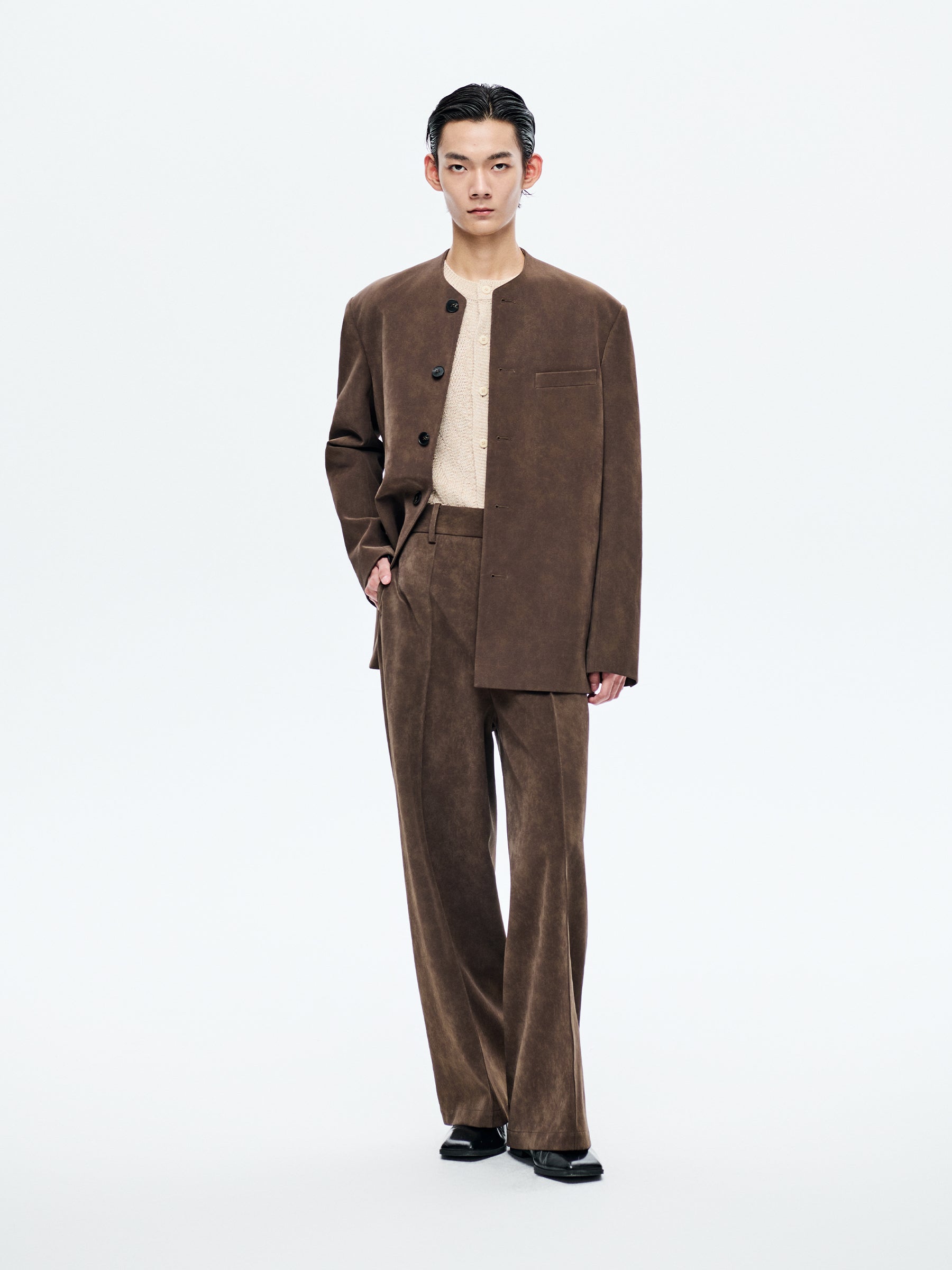 BROWN SUEDE COLLARLESS BLAZER