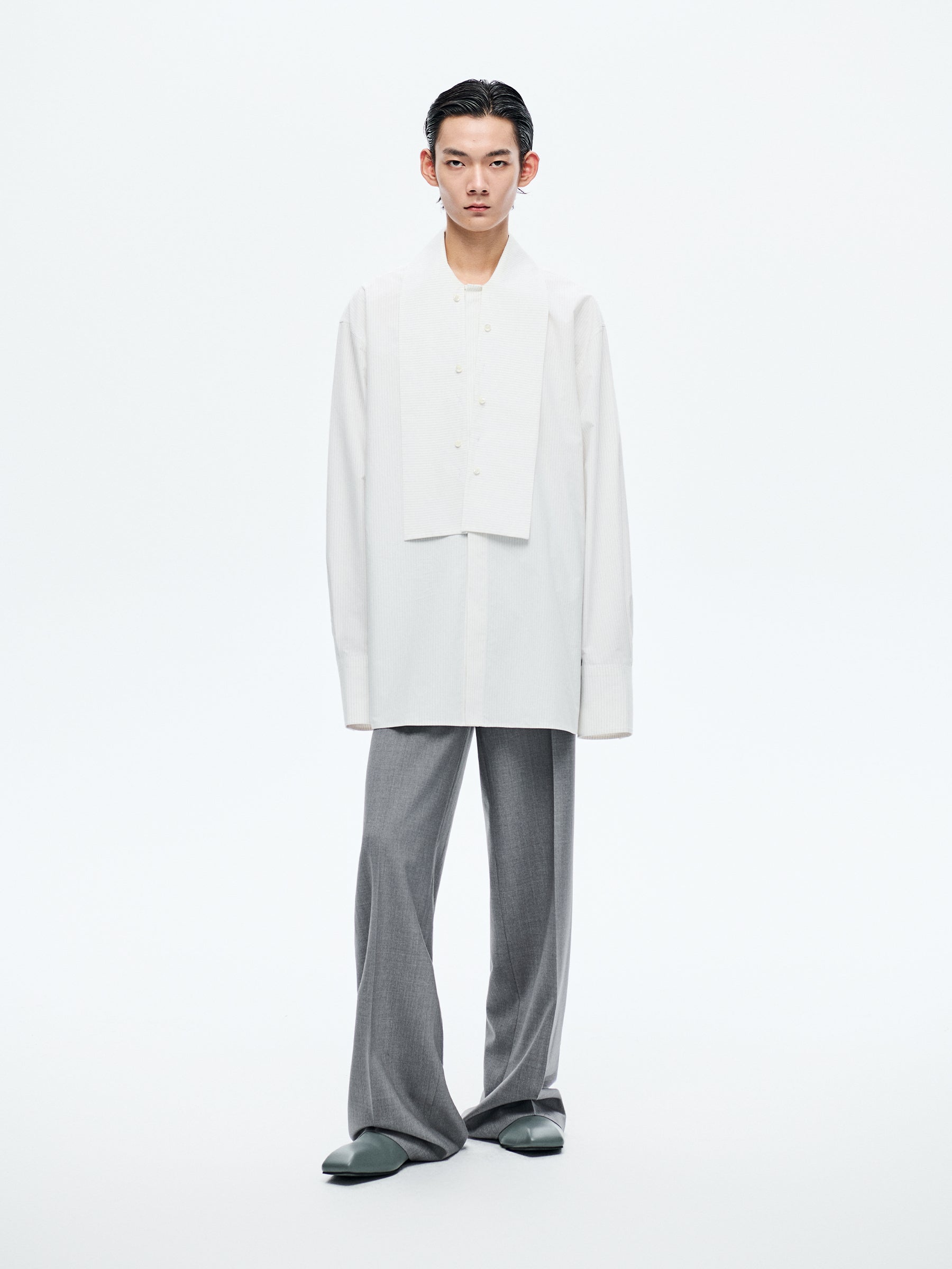 WHITE STRIPED LONG SHIRT WITH DUSTER COLLAR