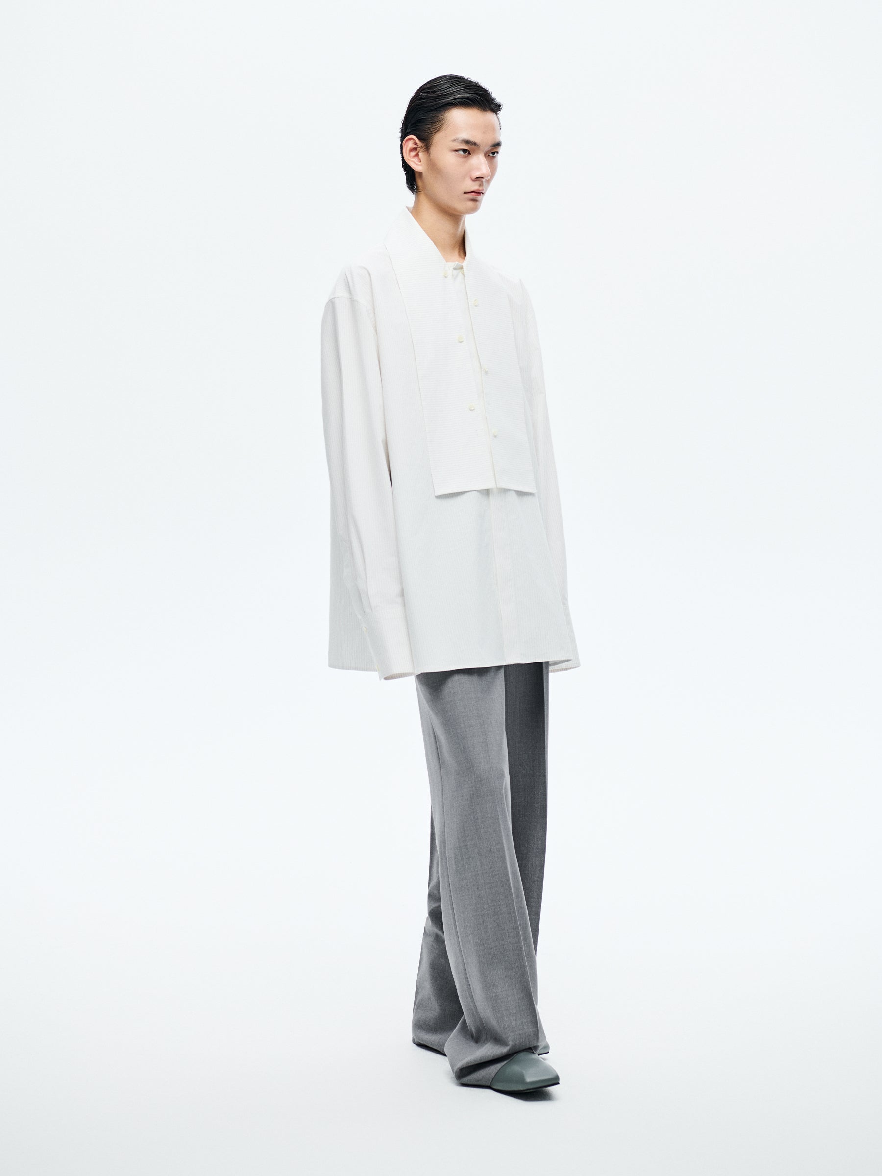 WHITE STRIPED LONG SHIRT WITH DUSTER COLLAR