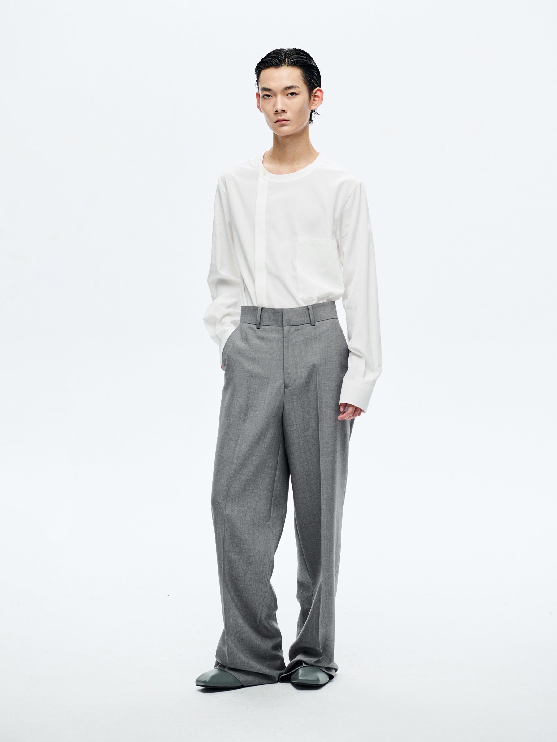 GREY WOOL WIDE-LEG TROUSERS