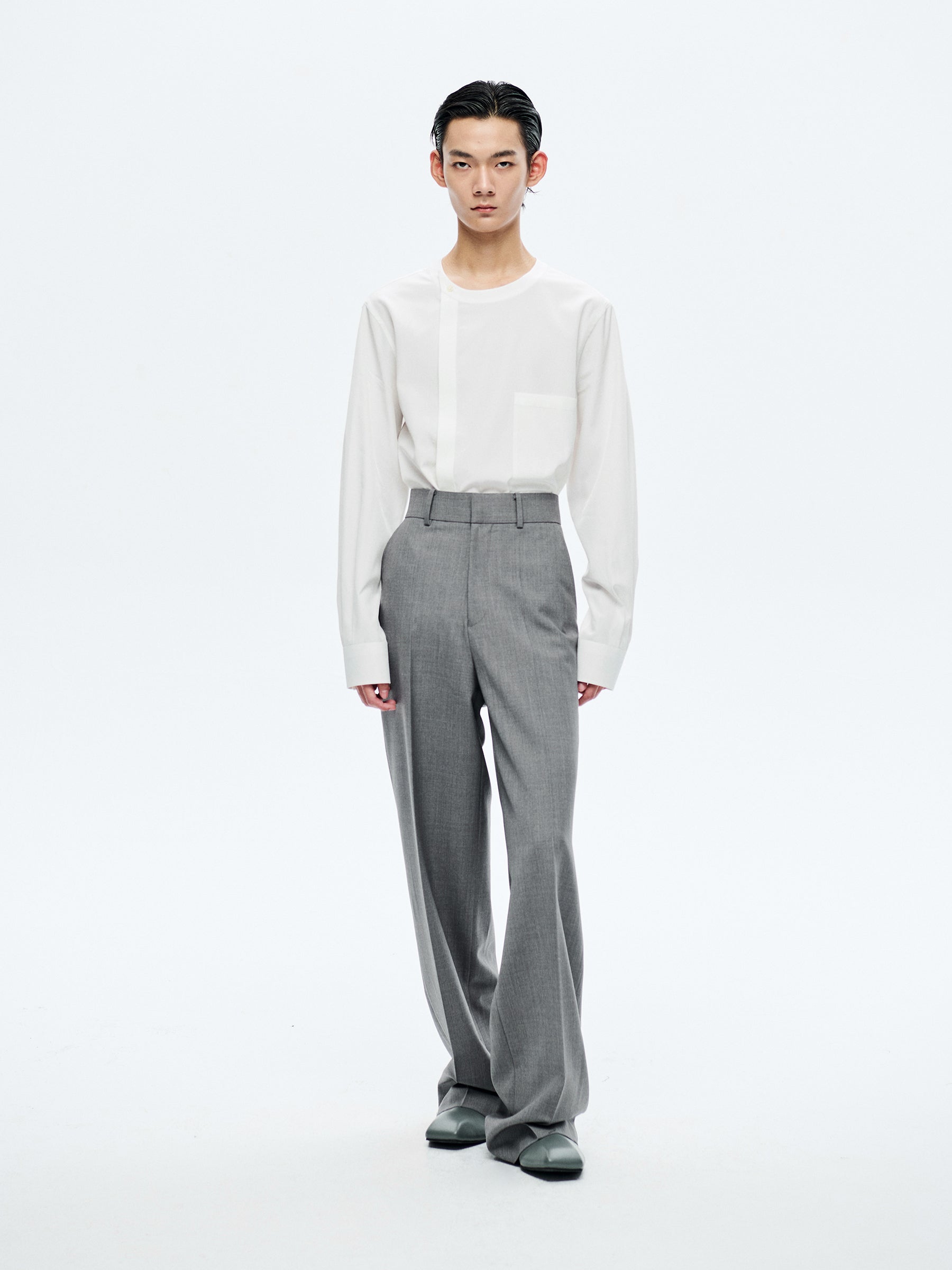 GREY WOOL WIDE-LEG TROUSERS