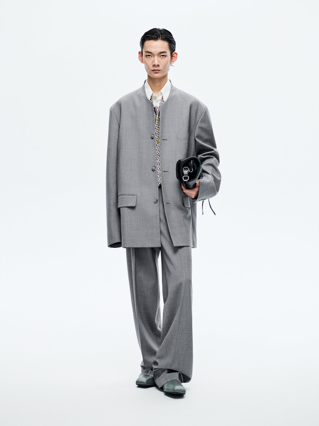 GREY WOOL COLLARLESS BLAZER