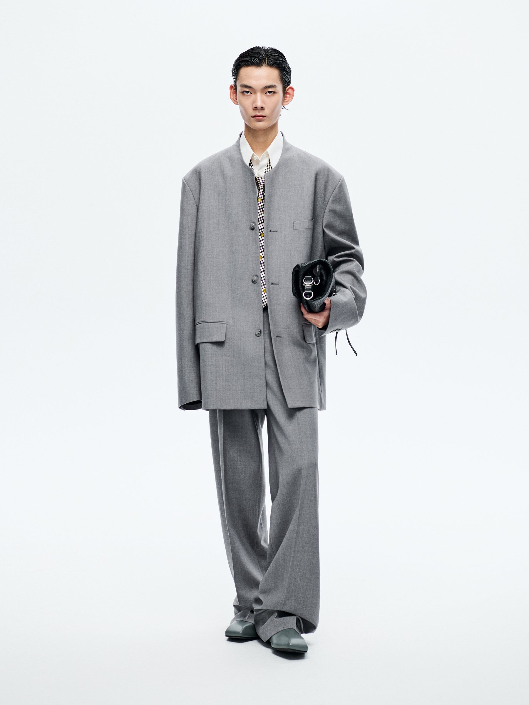 GREY WOOL COLLARLESS BLAZER