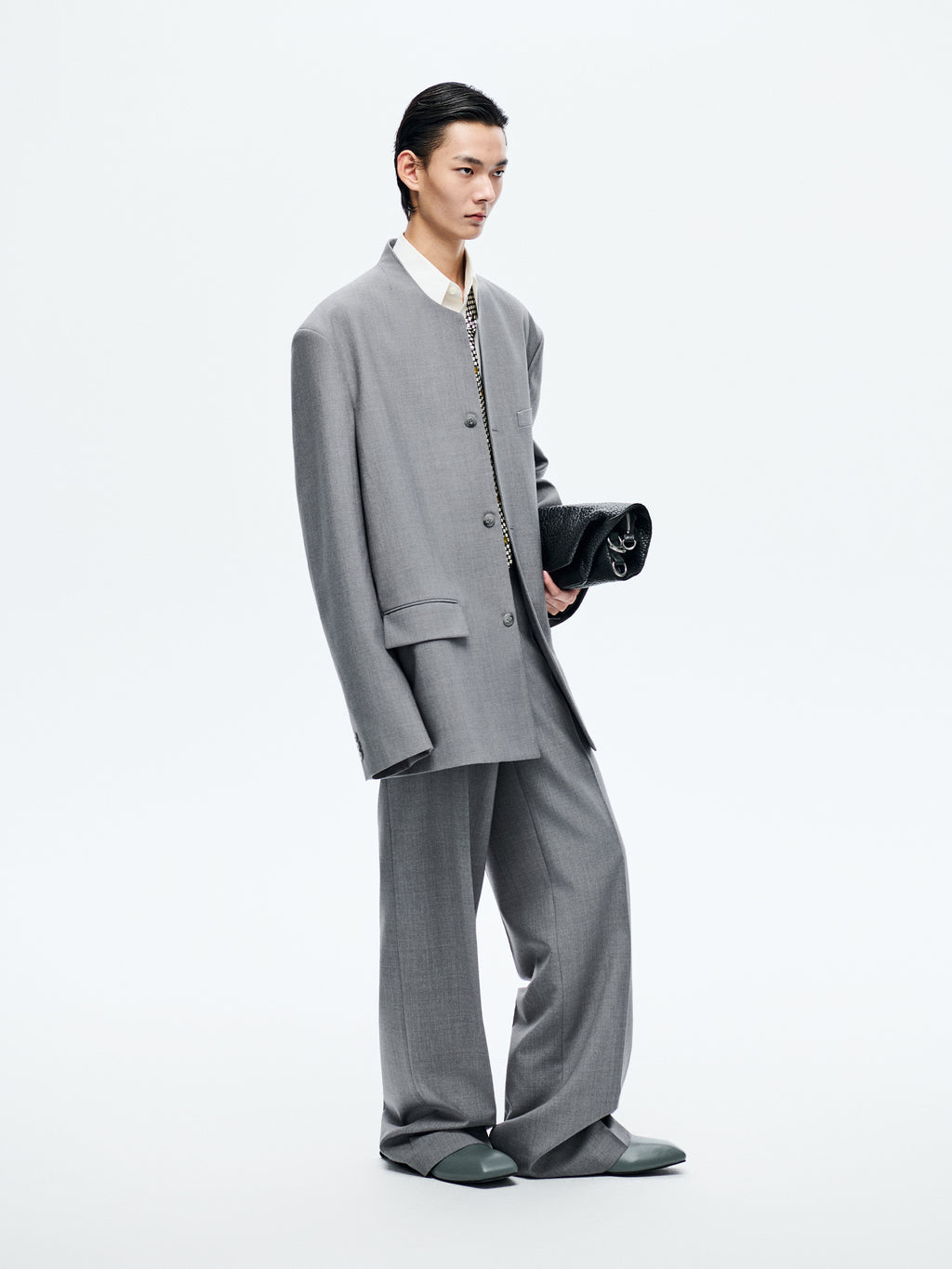 GREY WOOL COLLARLESS BLAZER