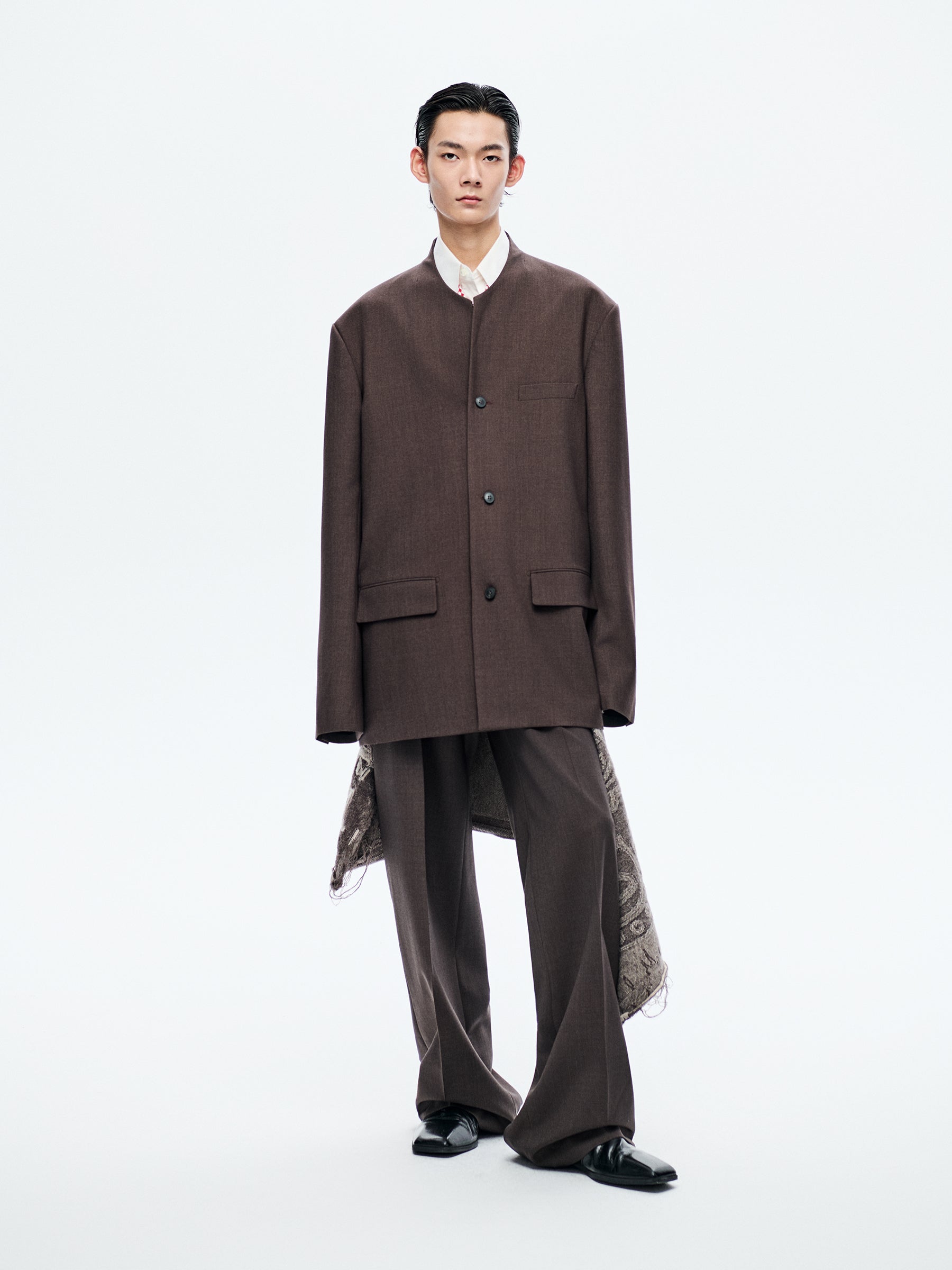 DARK BROWN WOOL COLLARLESS BLAZER