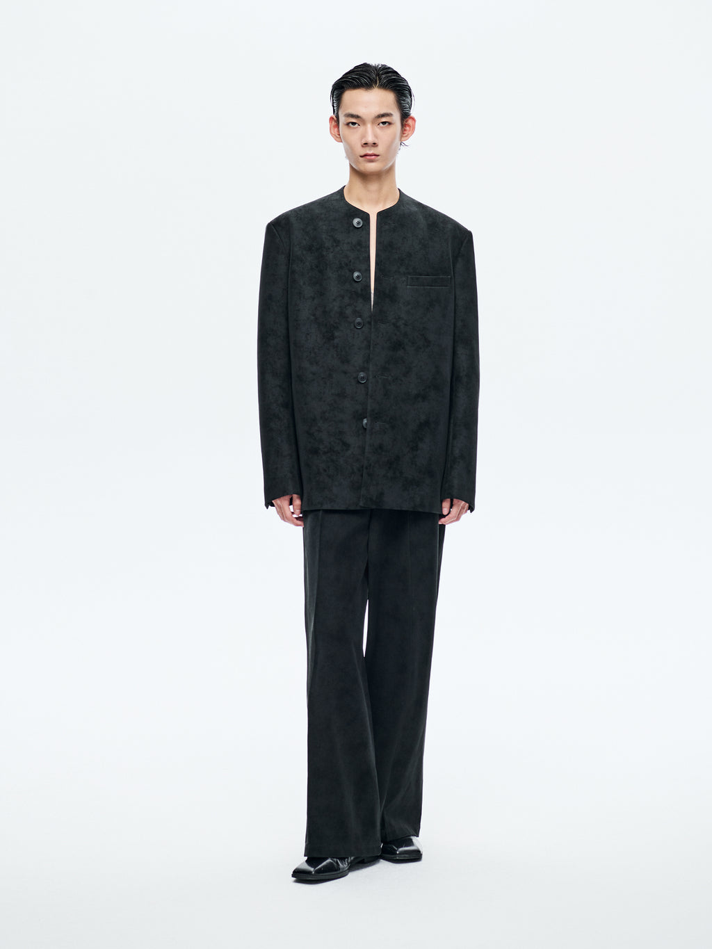 BLACK SUEDE COLLARLESS BLAZER