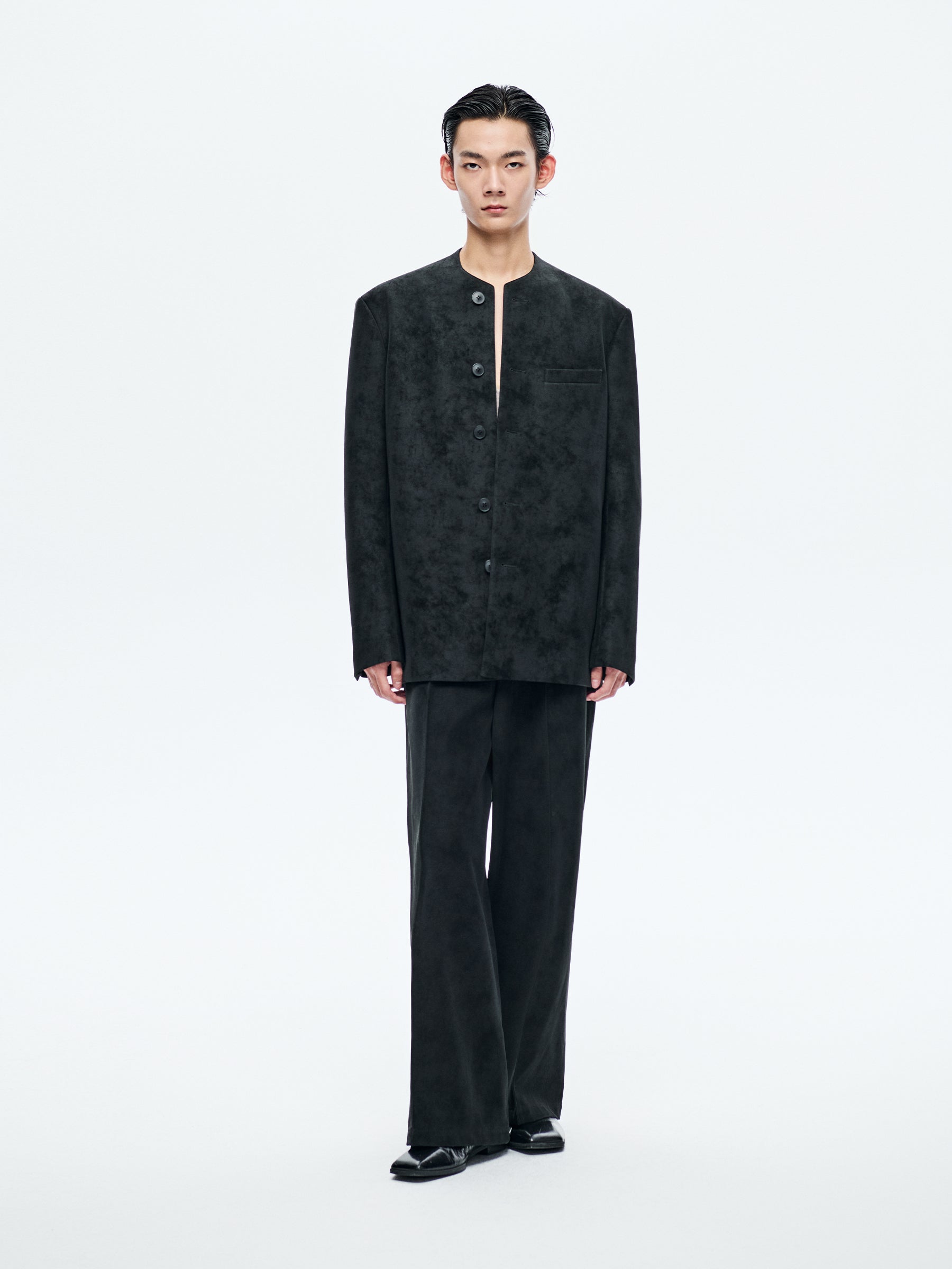 BLACK SUEDE COLLARLESS BLAZER