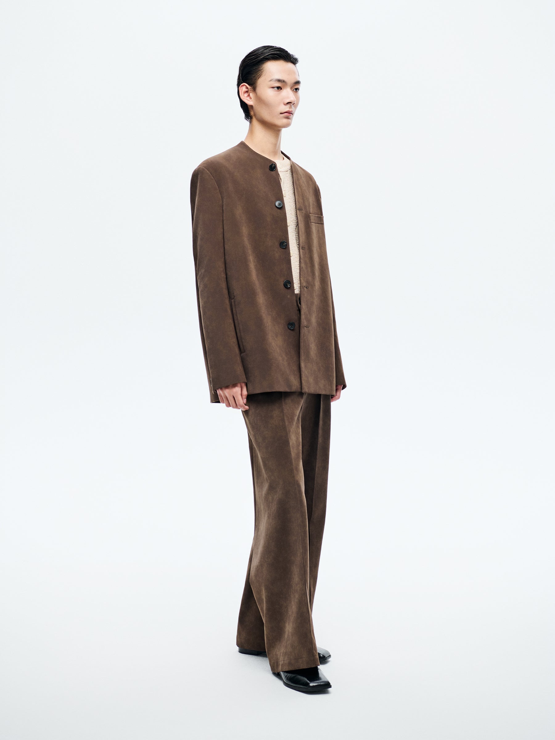 BROWN SUEDE COLLARLESS BLAZER