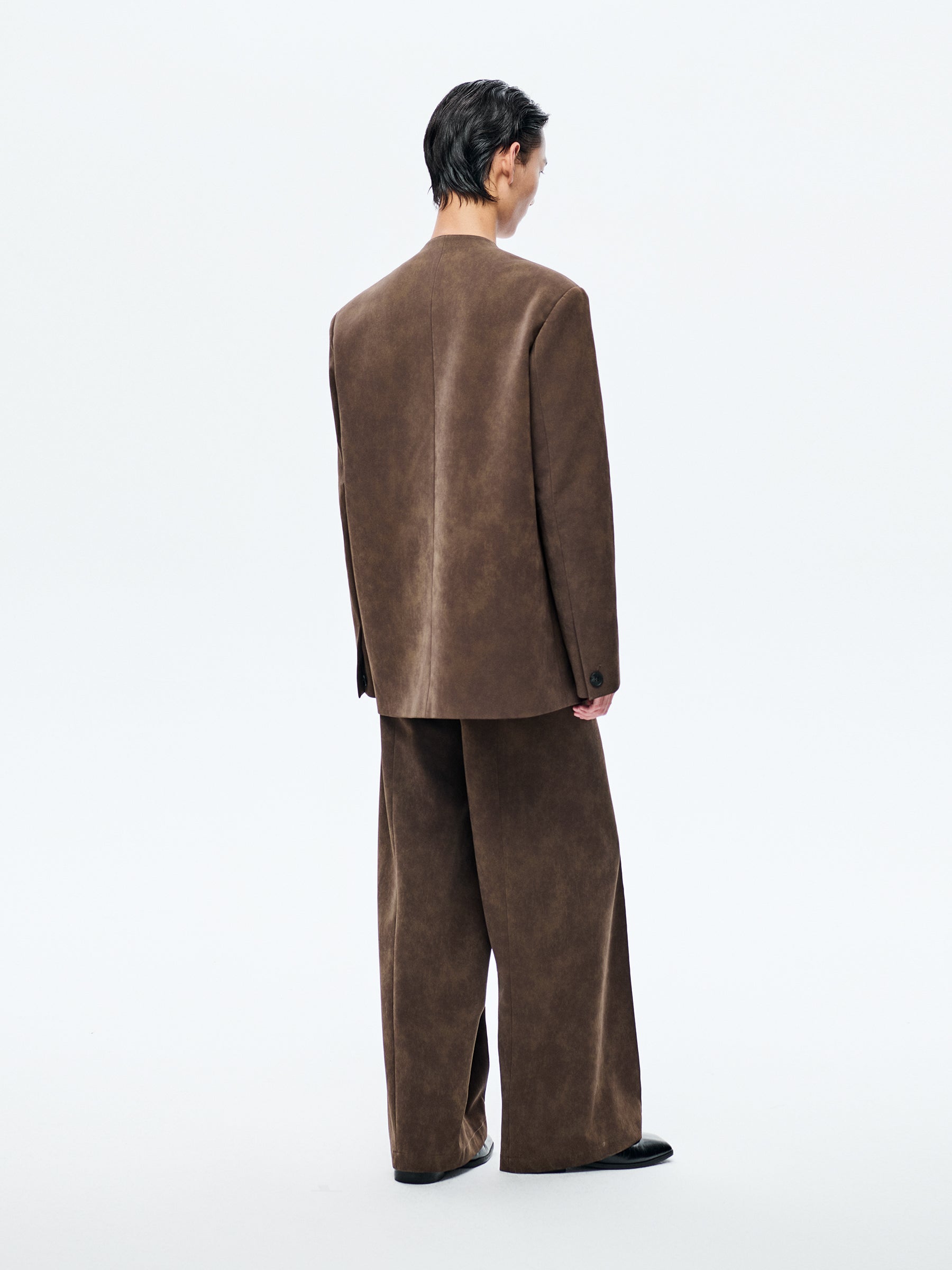 BROWN SUEDE COLLARLESS BLAZER