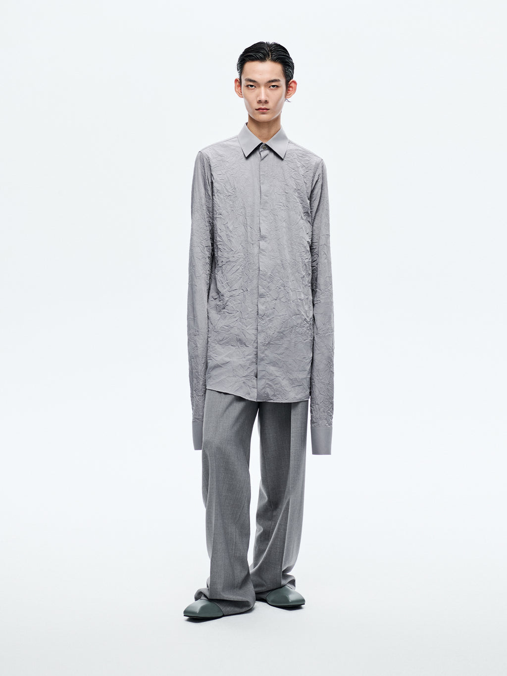 GREY TEXTURE PLEATED SLEEVE SHIRT