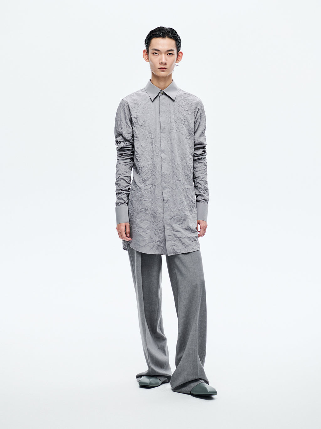 GREY TEXTURE PLEATED SLEEVE SHIRT