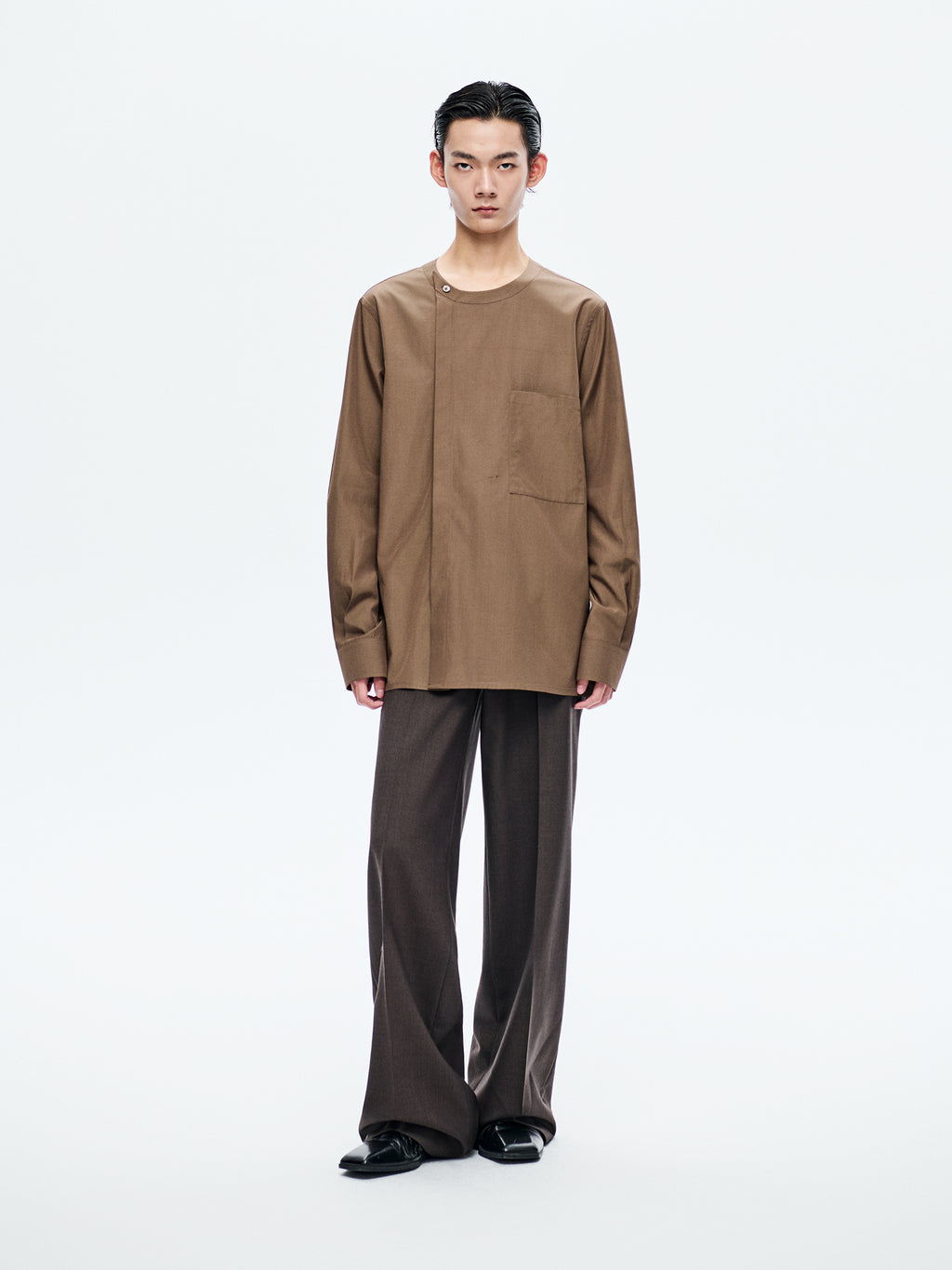 BROWN CREW NECK ASYMMETRIC SHIRT