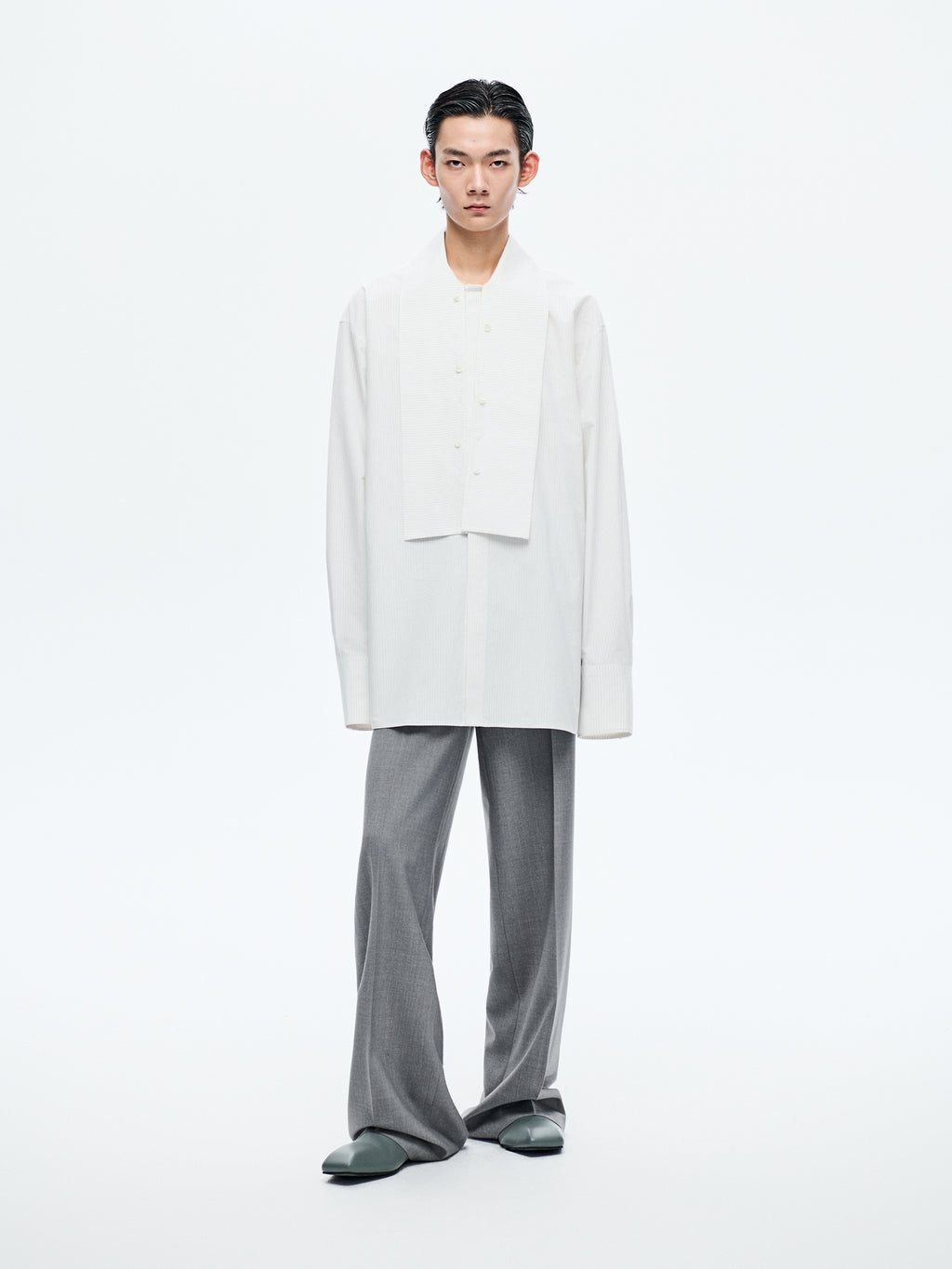 WHITE STRIPED LONG SHIRT WITH DUSTER COLLAR