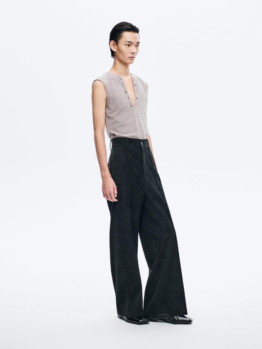 BLACK SUEDE WIDE-LEG TROUSERS
