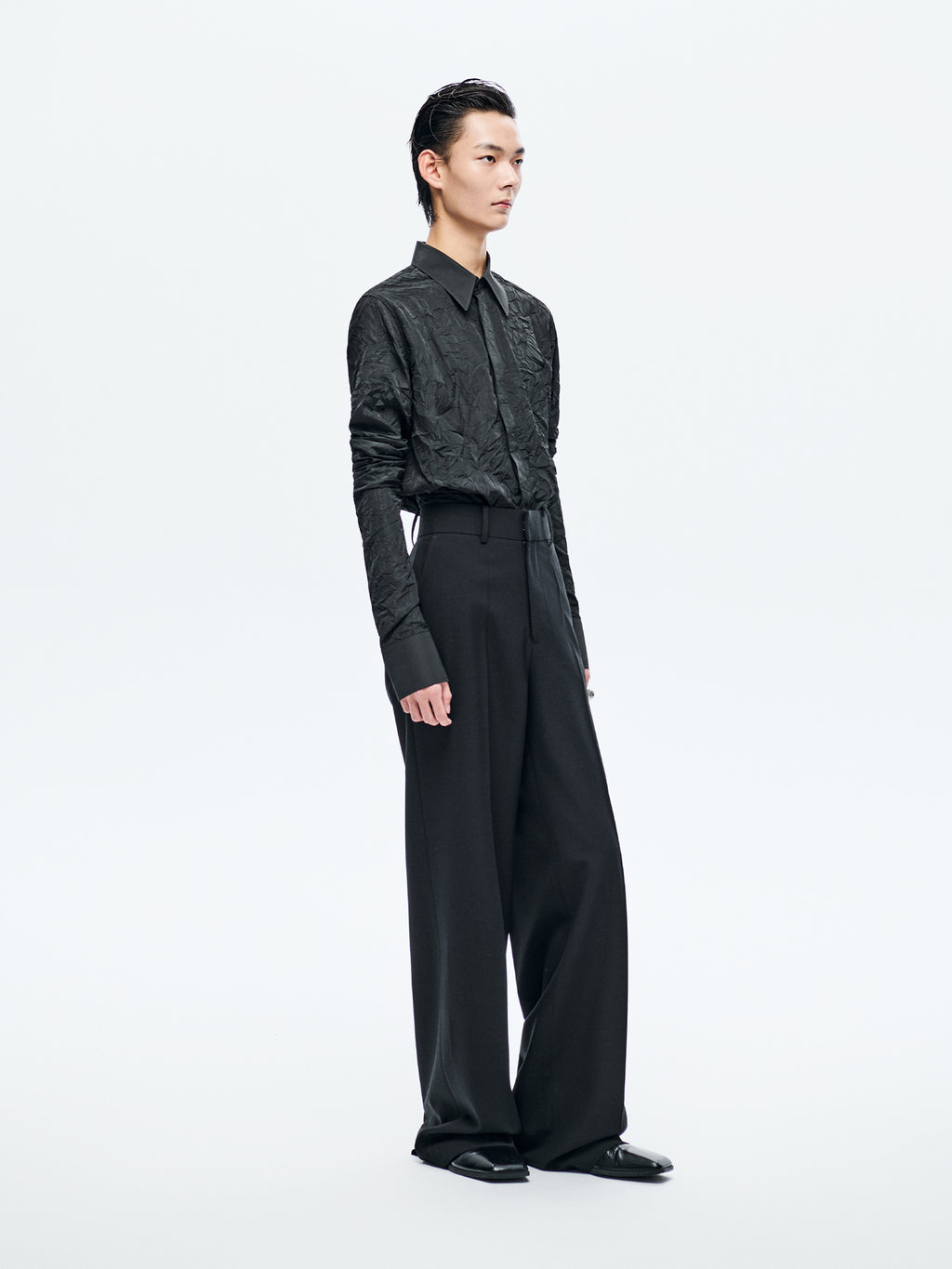 BLACK WOOL WIDE-LEG TROUSERS