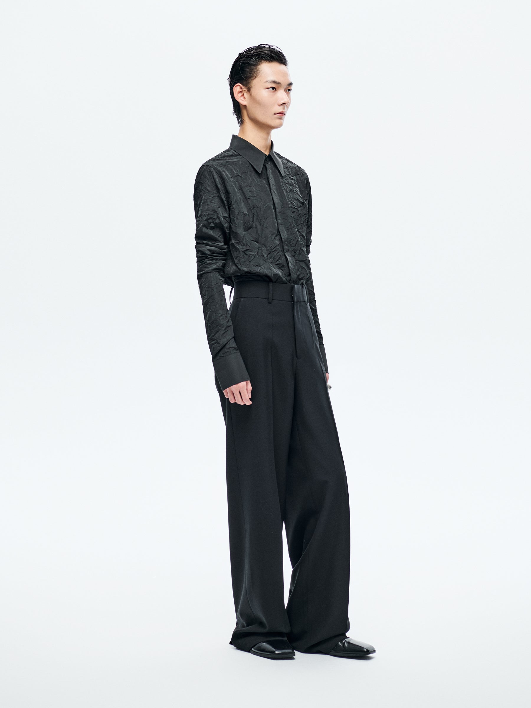 BLACK WOOL WIDE-LEG TROUSERS