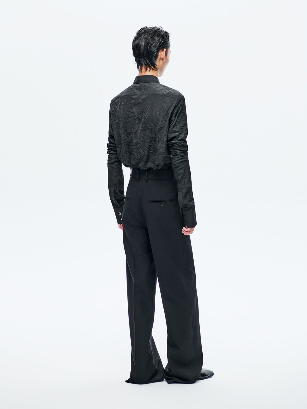 BLACK WOOL WIDE-LEG TROUSERS