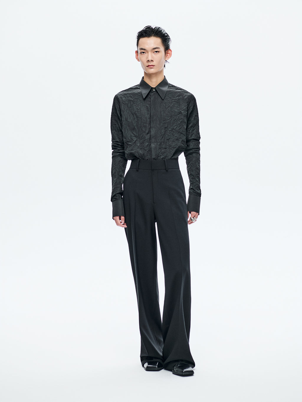 BLACK WOOL WIDE-LEG TROUSERS