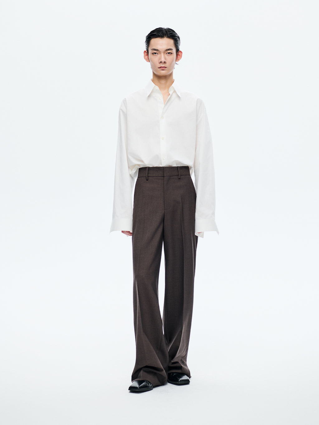 BROWN WOOL WIDE-LEG TROUSERS