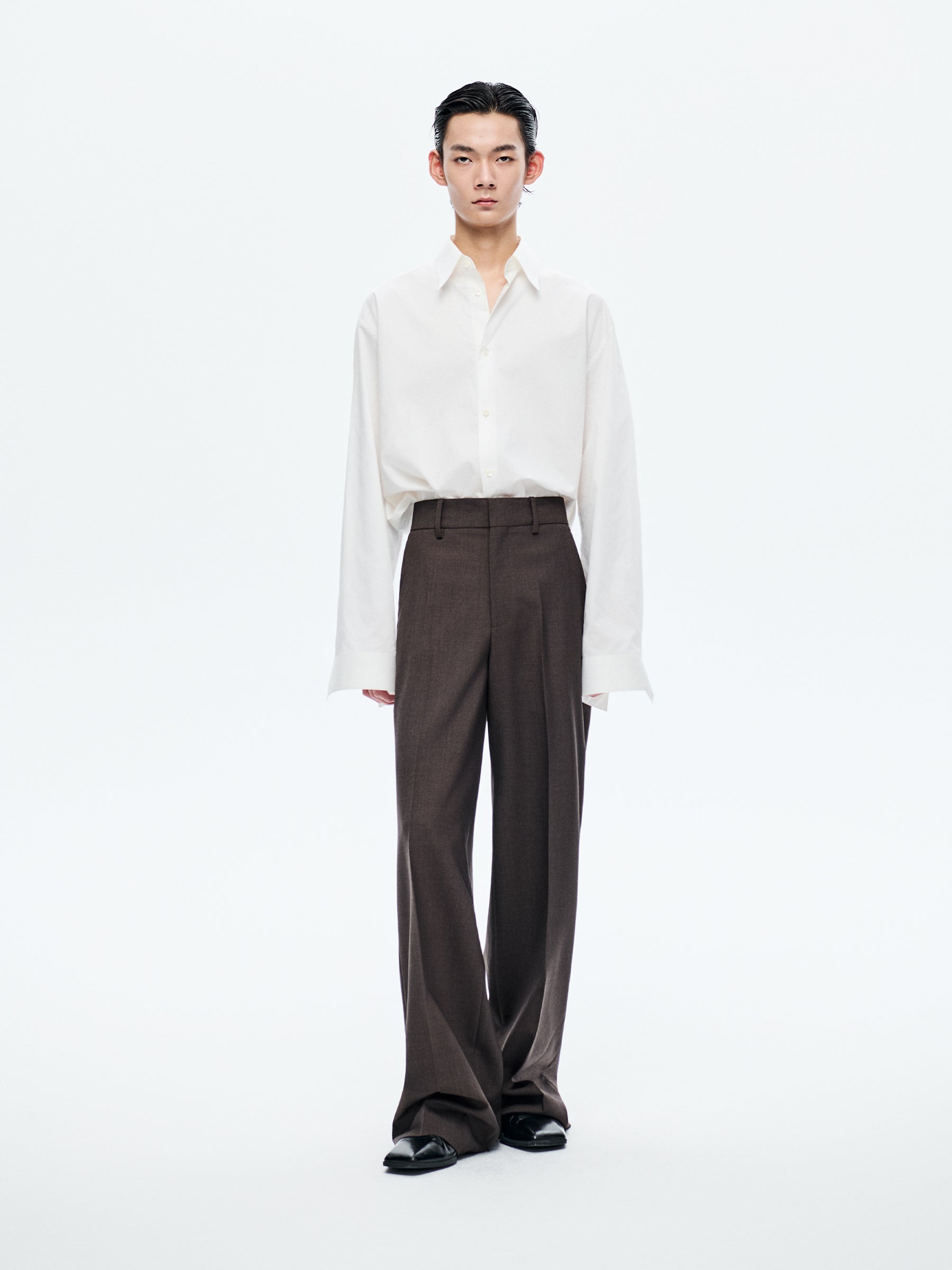 BROWN WOOL WIDE-LEG TROUSERS