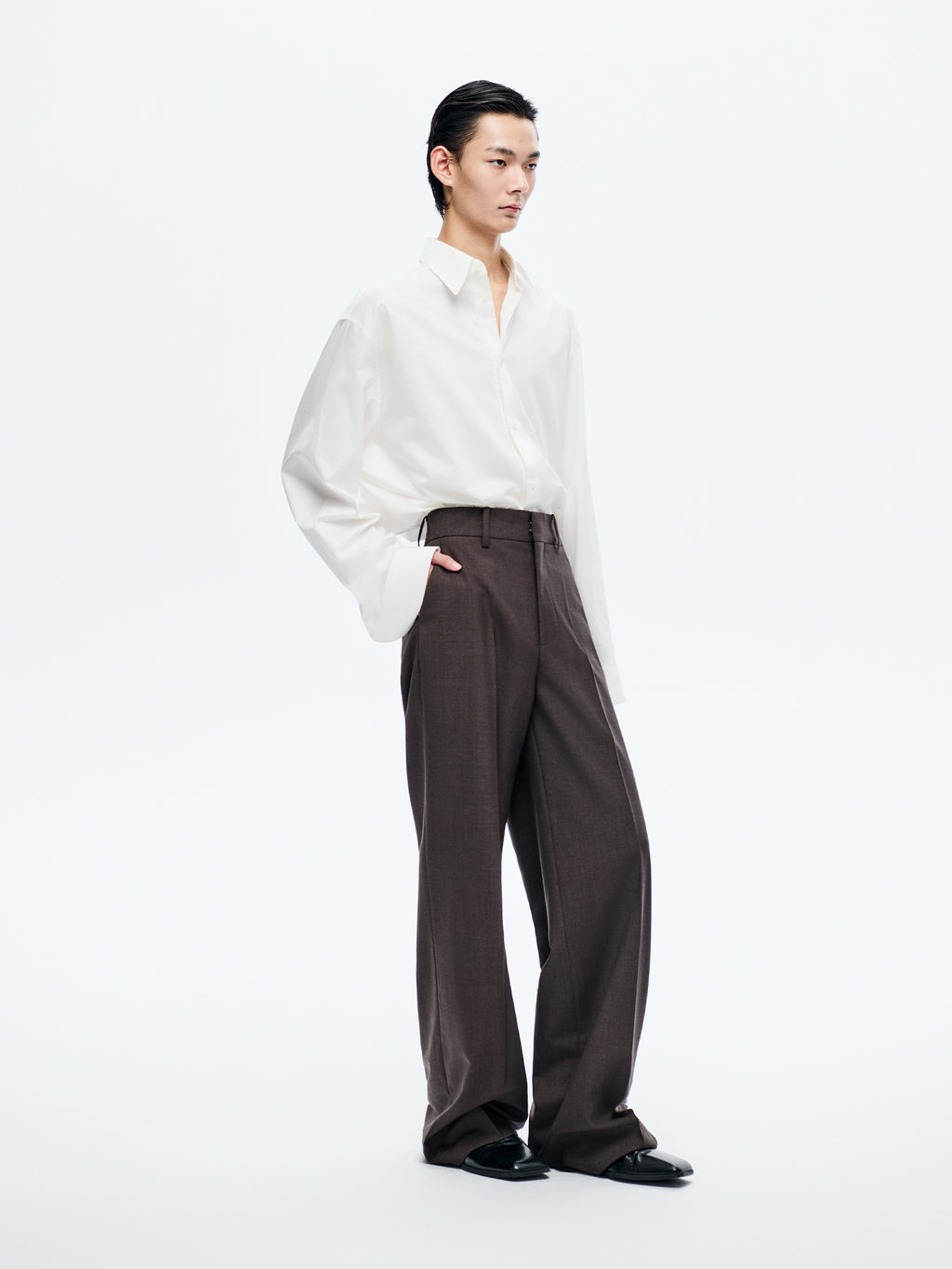 BROWN WOOL WIDE-LEG TROUSERS