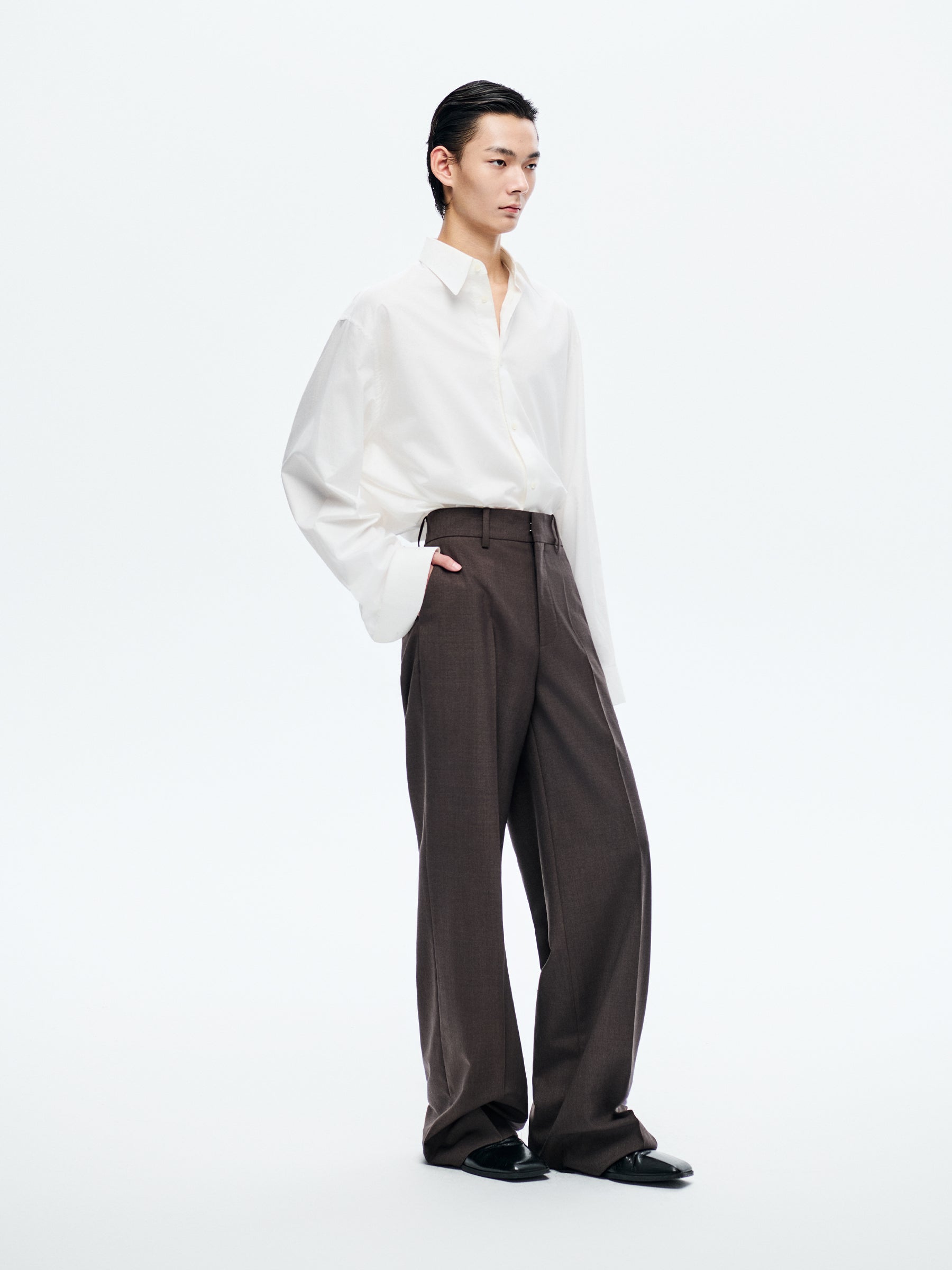 BROWN WOOL WIDE-LEG TROUSERS