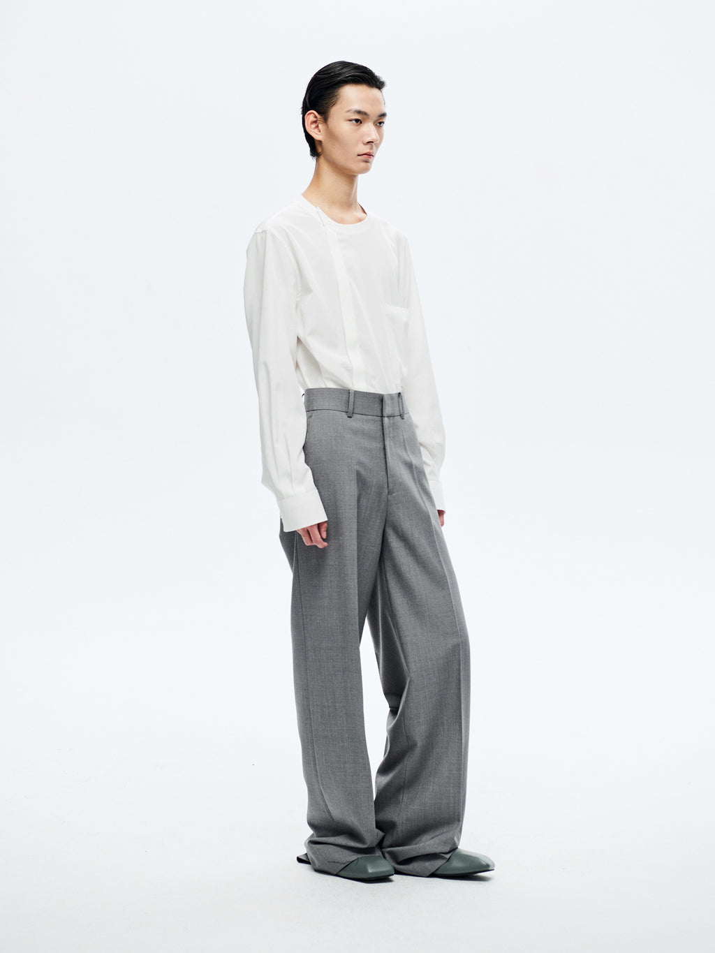 GREY WOOL WIDE-LEG TROUSERS