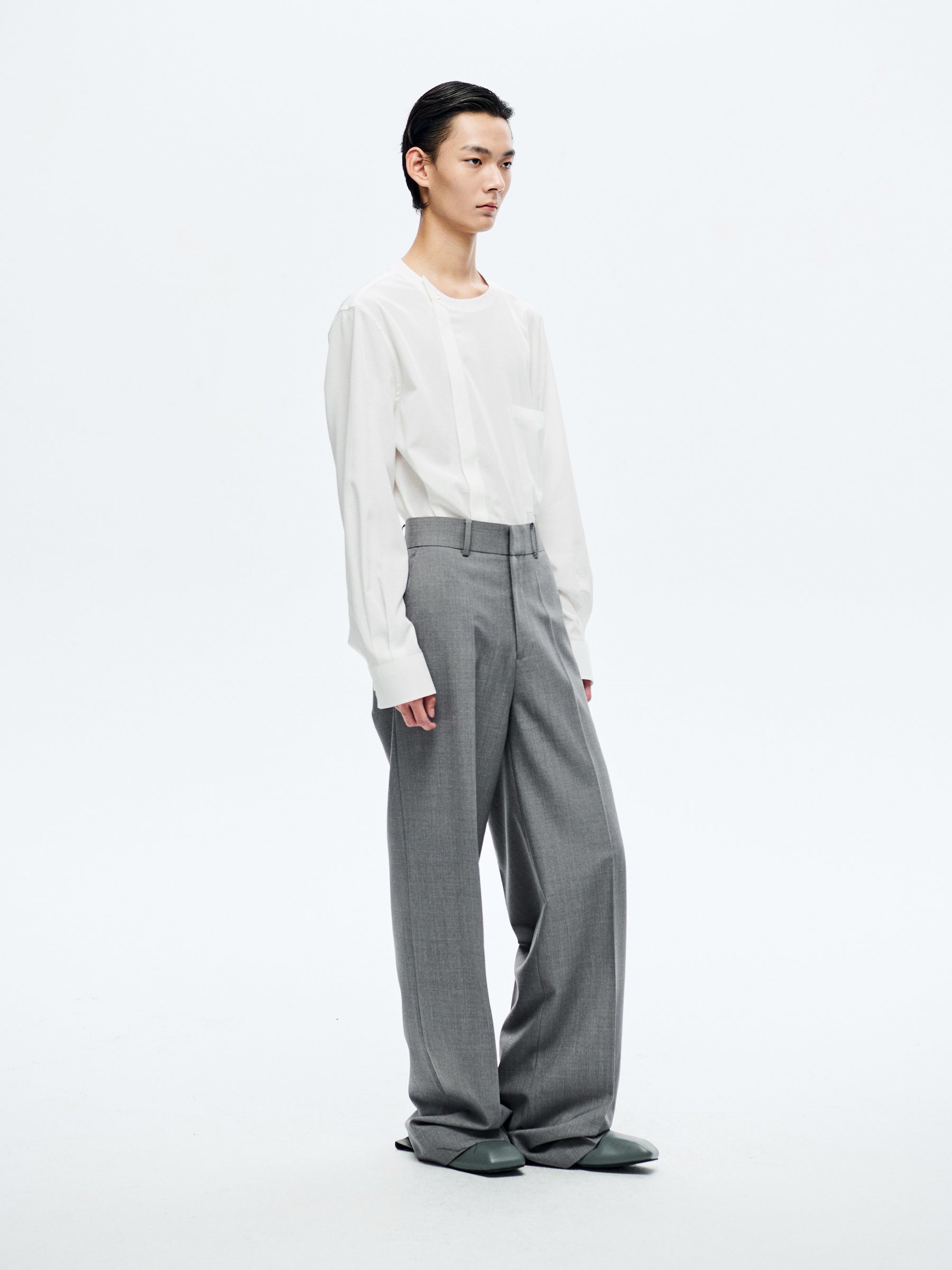 GREY WOOL WIDE-LEG TROUSERS