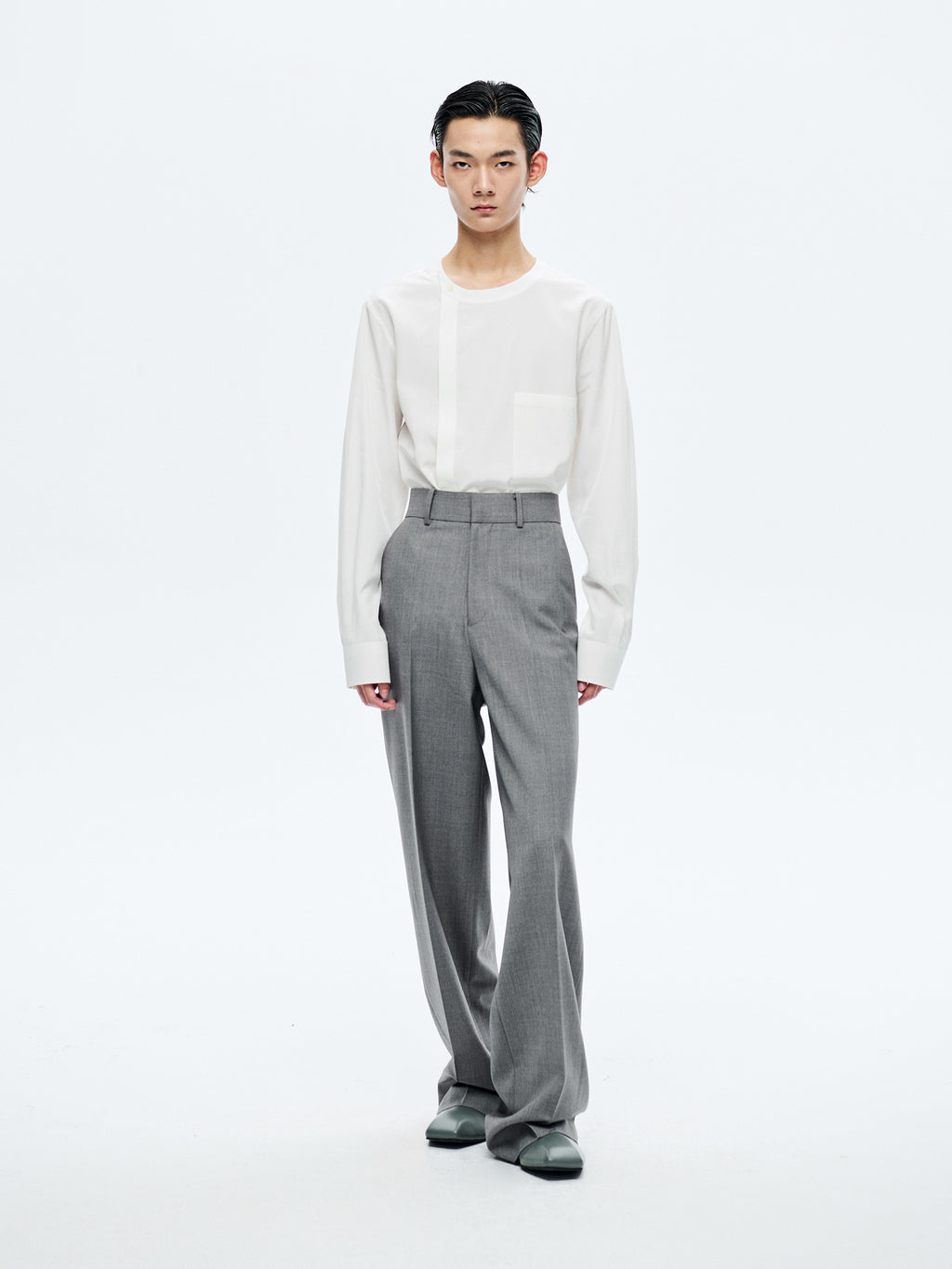 GREY WOOL WIDE-LEG TROUSERS
