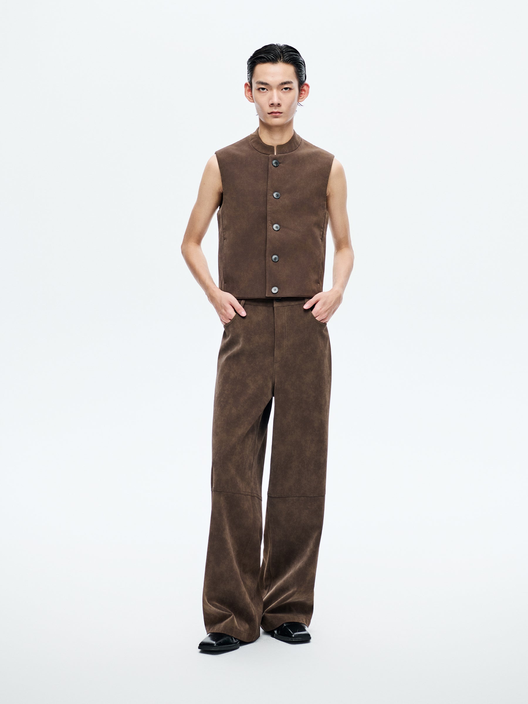 BROWN SUEDE FIVE-POCKET TROUSERS